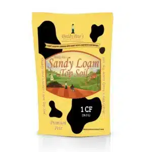 Daddy Pete's Product called Sandy Loam Top Soil in a yellow bag with cow spots
